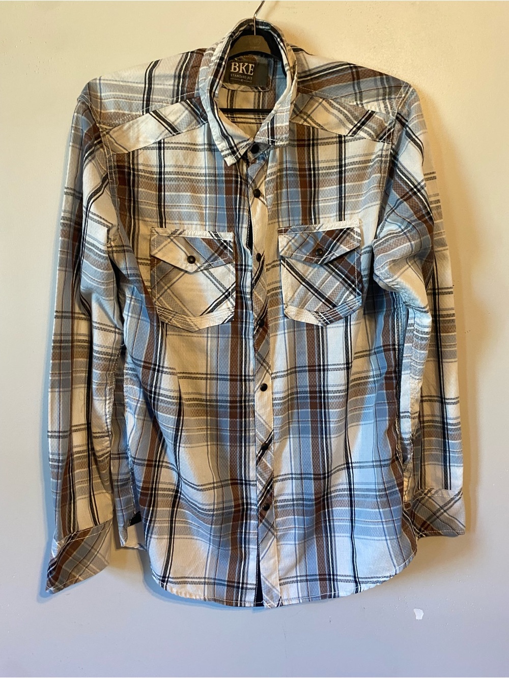 BKE Plaid Button-Down Shirt in Brown, Blue & White